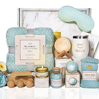 AHAGIFTREE Birthday Gifts for Women Self Care Gifts Get Well Soon Gifts Baskets with Moon lamp for Women After Surgery,11PC Spa,Thinking of You Gift, Care Package for Mom Friend (Turquoise) - color: Turquoise
