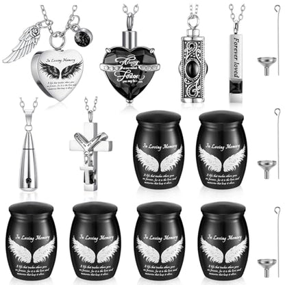 Ecation 12 Set Small Urn Cremation Jewelry Necklaces for Ashes Stainless Steel Keepsake Urns Memorial Locket Mini Ash Holders Waterproof for Human Adult Female Male Family Loved One(Black) - color: Black