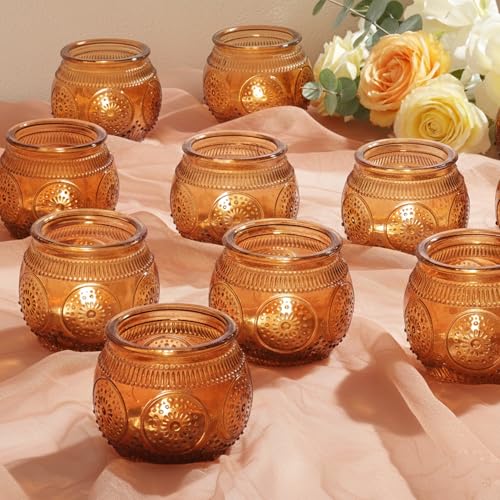 12 Pcs Amber Candle Holders- Floral Style Vintage Candle Holder for Rustic/Boho Wedding Table centerpieces, Bridal Shower, Baby Shower Decoration - color: Amber