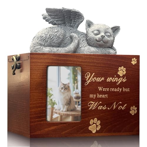 Cat Urn for Ashes Box with Picture Black Funeral Cremation Box Wooden Keepsake with Black Flannel Lining for Loss of Pet Remembrance Gift (Cat Urn-Red Brown, Medium) - color: Cat Urn-red Brown-wings, size: Medium