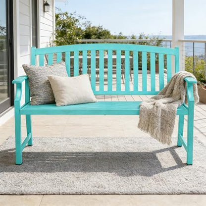 Grand patio 52" Farmhouse Outdoor Bench with Armrest, Turquoise Blue | Anti-rust Aluminum Frame, Faux Wood Grain Finish, for Front Porch, Yard, Park, Garden - color: Turquoise Blue