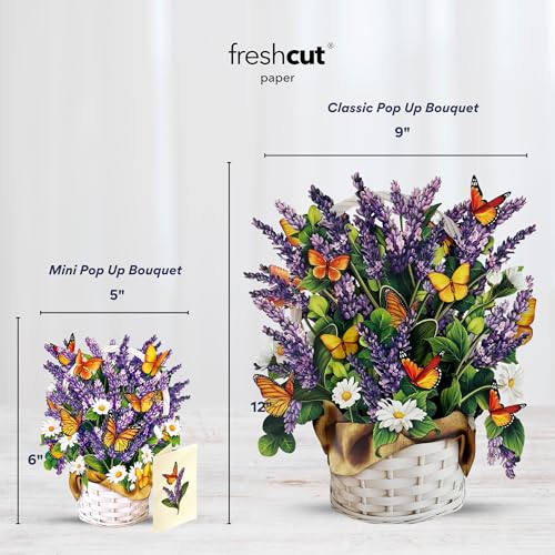 Freshcut Paper Pop Up Cards, Mini Lavender & Butterflies, 6 Inch Life Sized Forever Flower Bouquet 3D Popup Greeting Card, Birthday Cards, Thank You Card, Blank Notecard & Envelope (Pack of 3) - color: Lavender & Butterflies, size: 6 inches (Pack of 3)