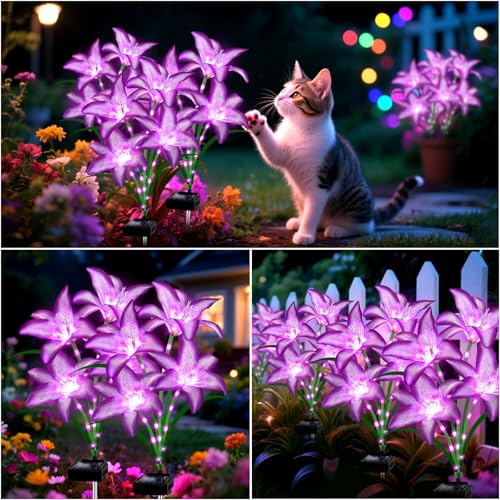 Solar Lights Outdoor, Gift For Women Mom Grandma Wife Daughter Friends, 4 Pack 16 Solar Purple Lily Flower Lights, Solar Flower Lights Waterproof, Outside Decor Stake Lights For Garden Yard Patio Lawn - style: Solar Purple Lily
