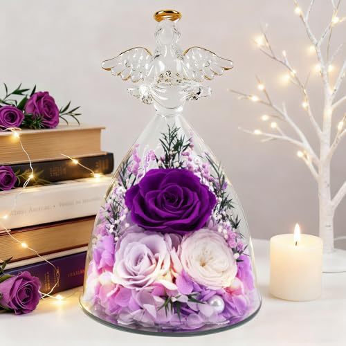 Casaido Mothers Day Rose Gifts for Women, 7" Purple Preserved Roses Flowers in Glass Angel Figurine, Birthday Gift for Mom Wife Grandma, Eternal Rose for Valentines Christmas Anniversary - color: Purple