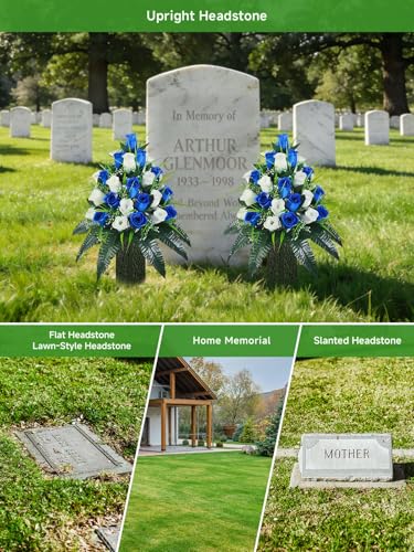 Mirevielyn 2-Pack 24 Stems Artificial Rose Cemetery Flowers with Vases - color: Royal Blue & White