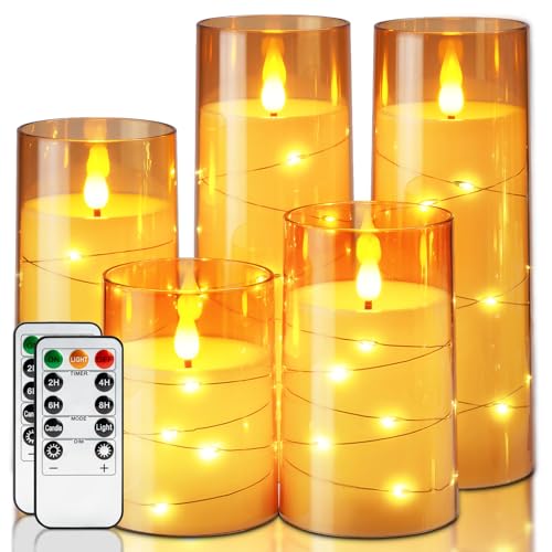 Homemory Acrylic Flameless Candles with Embedded Star String Fairy Lights, Battery Operated Candle, LED Candles, Fake Candles with Remote Control and Timer for Halloween, Amber, Set of 5(H4"5"6"8"8") - color: Gold, size: D3"x H4"5"6"8"8"
