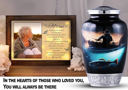Large Fishing Cremation Urn for Human Ashes Adult – Handmade Funeral Urn for Men & Women, 200 Cubic Inch Memorial Urn, Decorative Burial Urn with Velvet Bag for Loved One.