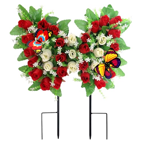 Lodou Butterfly-Shaped Cemetery Flowers for Grave – Realistic Memorial Floral Arrangement with Ground Spikes, Artificial Cemetery Flowers for Cemetery Decorations (Red) - color: Red