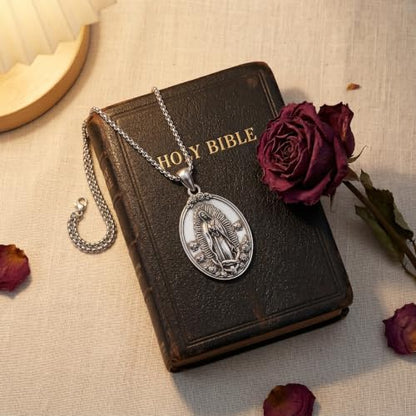 YAFEINI Virgen De Guadalupe Necklace 925 Sterling Silver Mother Mary Necklace Virgencita Jewelry Thanksgiving Day Gifts for Women - style: Silver Oxide
