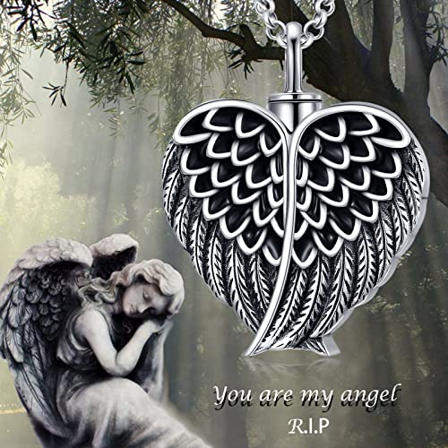 SOULMEET Cremation Jewelry for Ashes, Sterling Silver Urn Necklace for Ashes Women Men, Cherish Memories Cremation Jewelry to Keep Someone Near to You - color: K-Oxidation black Angel Wing