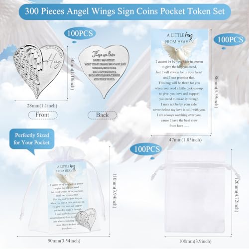 Inbagi 100 Sets Memorial Angel Sign Coins Set Funeral Pocket Token Heart Pocket Hug Coins Poem Cards Organza Gift Bags Celebration of Life Favors Funeral Memorial Gifts for Guest Family Church