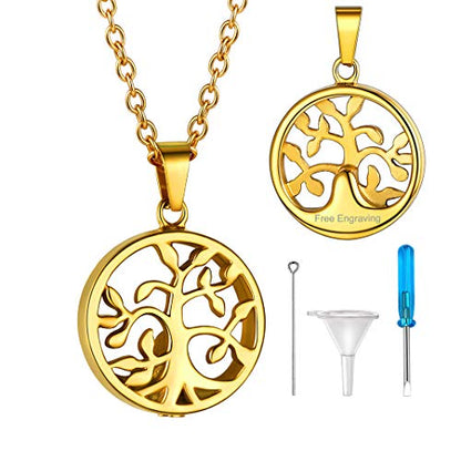GOLDCHIC JEWELRY Urn Necklaces for Ashes, Stainless Steel Pet/Cross/Birthstone/Tree of Life Personalized Keepsake Memorial Jewelry for Women - color: Family Tree - 18k Gold Plated, style: Personalized Engraving
