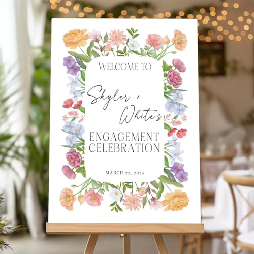 Custom Floral Wreath Engagement Welcome Sign | Personalized Couple Names & Date | Rustic & Elegant Engagement Party Decoration | Waterproof PVC Plastic Board for Events - color: Design 6