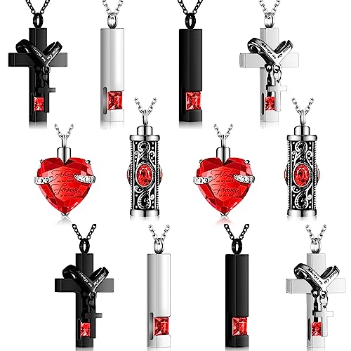 12 Pcs Urn Necklace for Ashes Bulk Cremation Cross Heart Cubic Jewelry Stainless Steel Memorial Locket for Men Women - color: Red