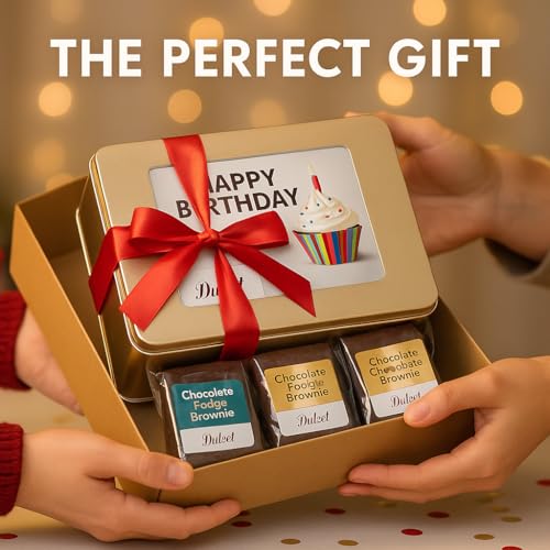 Birthday Gift For Women, Birthday Gift Basket - 18 Individually Wrapped Brownies Freshly Baked in a Variety of Flavors - Dulcet's Signature Flavored Fudge Brownies - Gift Box Comes with Happy Birthday Card - style: Birthday