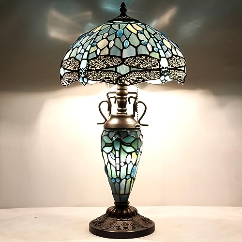 WERFACTORY Tiffany Table Lamp Sea Blue Stained Glass Dragonfly Style 12X12X22 Inches Mother-Daughter Vase Desk Reading Light Decor Bedroom Living Room Home Office S147 Series