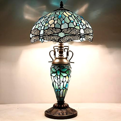 WERFACTORY Tiffany Table Lamp Sea Blue Stained Glass Dragonfly Style 12X12X22 Inches Mother-Daughter Vase Desk Reading Light Decor Bedroom Living Room Home Office S147 Series