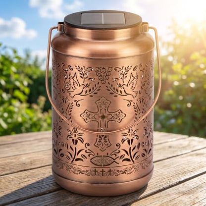 Solar Lantern with with Shepherd Hook Hanging Pole, Cross, Religious Decorations | Decorative Outdoor Waterproof Garden Lantern | Catholic Christian Gift Idea for Home, Yard, Patio, Backyard, Porch
