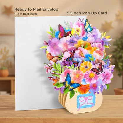 Pop Up Birthday Cards for Women | Butterflies & Paper Flowers Pop-Up Bouquet, With Envelope, Thank You Cards, Gift for Wife Mom Mother in Law - color: Watercolor Butterfly Bouquet