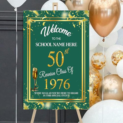Personalized 50th Reunion Welcome Sign, Gold Confetti on Green, High School & College Reunion Plastic Board #4 - color: Version 4
