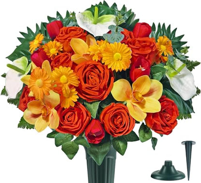 Artificial Cemetery Flowers,Memorial Flowers,Beautiful Arrangements for Headstones,Silk Rose Daisy Cymbidium Spathiphyllum