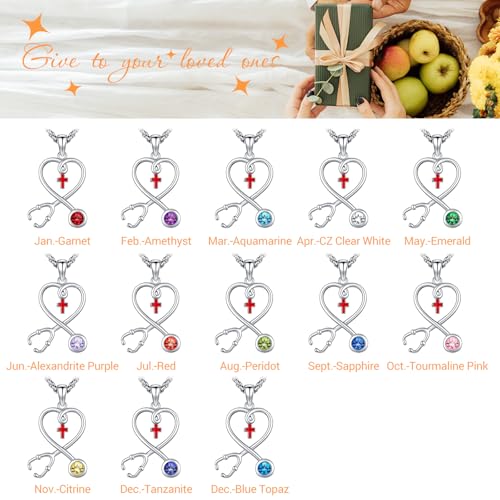 Angel Wings Necklace 925 Sterling Silver Guardian Angel Nurse RN Caduceus Pendant Charm Crystal Angel Jewelry Gifts for Women - style: H-Stethoscope-01-Jan.-Garnet