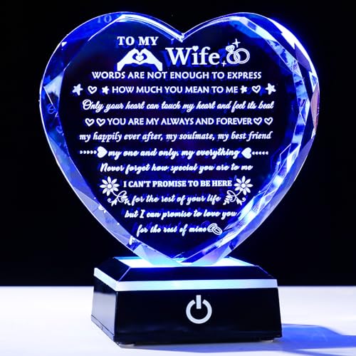 Arikyrist Romantic Wife Gifts from Husband with Colorful LED Base Anniversary Birthday Gift for Wife Crystal Keepsake I Love You Gifts for Her on Mothers Day Valentine Christmas - style: Wife Gifts + Light Base