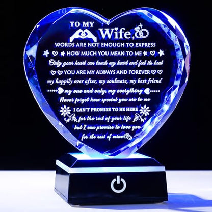Arikyrist Romantic Wife Gifts from Husband with Colorful LED Base Anniversary Birthday Gift for Wife Crystal Keepsake I Love You Gifts for Her on Mothers Day Valentine Christmas - style: Wife Gifts + Light Base