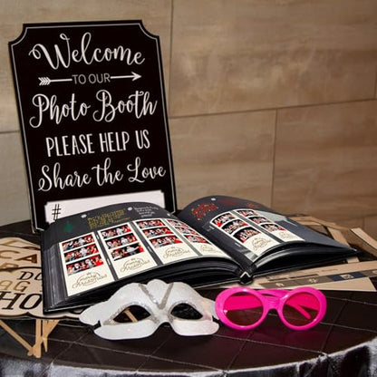 Wedding Guest Book with Photo Booth Insert - 160 2x6 Photo Sleeves & Guest Signing Space, PU Leather Memory Album for Weddings, Parties, Family Memories (Black) - color: Black