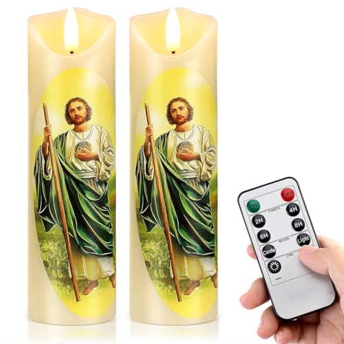 Baquler 2 Pcs Religious Flameless LED Prayer Candle Real Wax Baptism Set Devotion Candles Religious Decoration Gift for Home and Office, Battery Operated with Remote Control(St. Jude) - style: St. Jude