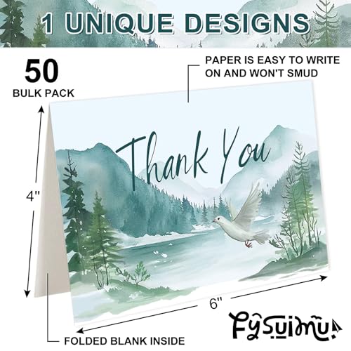 FYSUIMU 50Pcs Funeral Thank You Cards Watercolor Mountain Sympathy Cards with Message Bereavement and Envelopes & Matching Stickers for Funeral Family Loved Ones Celebration of Life