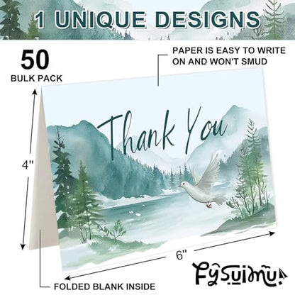FYSUIMU 50Pcs Funeral Thank You Cards Watercolor Mountain Sympathy Cards with Message Bereavement and Envelopes & Matching Stickers for Funeral Family Loved Ones Celebration of Life