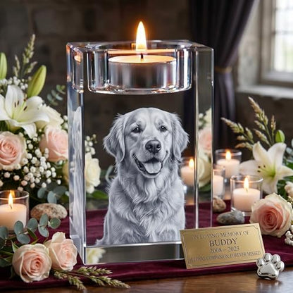 Memorial Photo Crystal Candle Holder – 3D Laser Engraved K9 Keepsake – in Memory of Parent, Spouse, Child, Pet – Custom Remembrance Crystal (Medium) - size: Medium