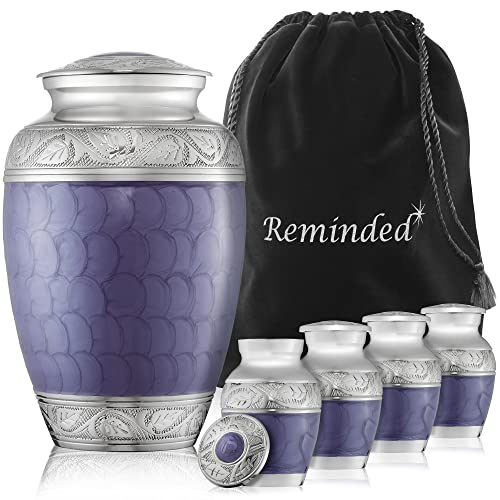 Reminded Set of 5 Etched Cremation Urns for Human Ashes - 1 Brass Adult + 4 Keepsake Token Size, Lavender - color: Lavender