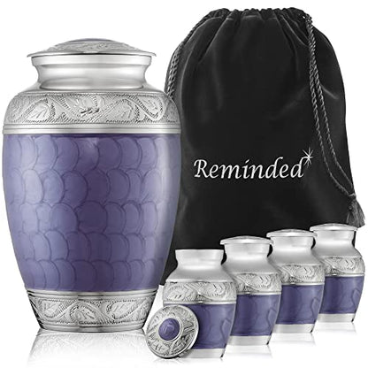 Reminded Set of 5 Etched Cremation Urns for Human Ashes - 1 Brass Adult + 4 Keepsake Token Size, Lavender - color: Lavender