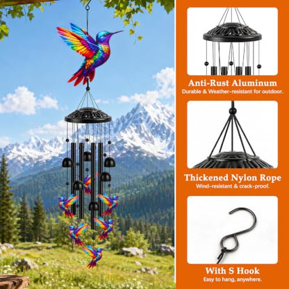 Aluminum Hummingbird Wind Chimes for Outside, Metal Garden Treasures Wind Chime with 4 Durable Tubes & 6 Bells, Unique Grandma Garden Gifts Box & Card Included, 35.4" (Colorful) - color: Colorful