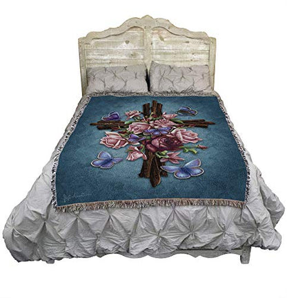 Pure Country Weavers Butterfly Cross Blanket by Brigid Ashwood - Sympathy Bereavement Gift Tapestry Throw Woven from Cotton - Made in the USA (72x54) - color: Butterfly Cross, size: 72" x 54"