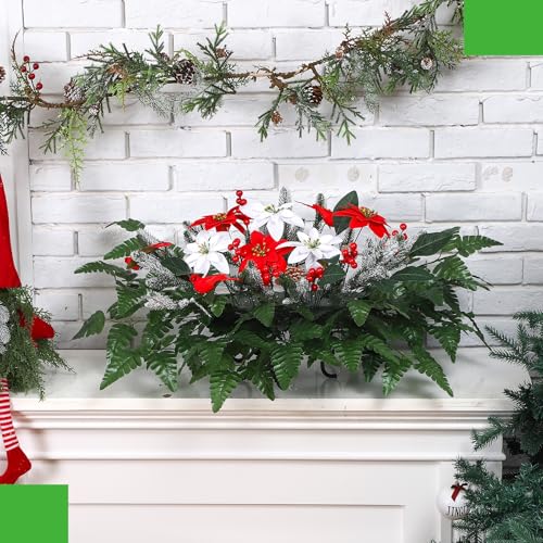 Thiccywoov 70 Pcs Artificial Christmas Cemetery Flower Poinsettia Headstone | Red Poinsettia Christmas Flowers, outdoor Grave Memorial Decor, Silk Flowers Berries Pinecones Foam Holder