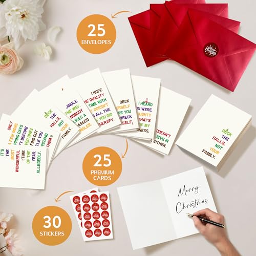 Hqulpr 25 Pack 350GSM | 8 Different Minimalist Designs | 4x5.6 Inch Christmas Cards with Envelopes, Funny Christmas Cards for Husband & Dad & Sister & Brother & Mom & Son & Daughter - color: S2- Merry Christmas