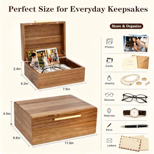 Acacia Wood Keepsake Box with Magnetic Lid, Set of 2 Large and Small Memory Storage Boxes for Jewelry, Photos, Crafts