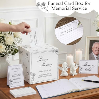 Funeral Guest Book Set with Wooden Keepsake Box, Memory Cards & Pens | Complete Memorial Table Set Includes guest book, keepsake box, 50 memory cards, card drop box, sign, instruction card & pens - style: Guest Box Kit