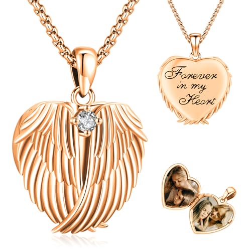 Picture Locket Necklace for Women Men Rose 14K Real Gold 925 Sterling Silver Jewelry Heart Locket Necklace that Holds Pictures Tree of Life Viking Wolf Celtic Knot St Christopher St Michael Pendant - color: G-Heart Wing Locket-Rose Gold
