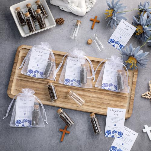 Tanlade 100 Sets Funeral Favors Memorial Seed Big Glass Bottles with Cork Stopper Forget Men Not Funeral Prayer Celebration of Life Card for Loss of Loved Memorial Service, 0.87x1.97in, No Seed