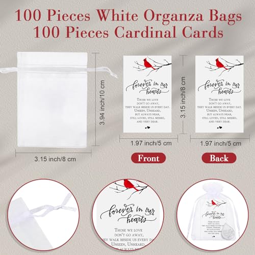 Ctosree 100 Set Funeral Gifts Celebration of Life Decorations Idea Mini Tear Shaped Memorial Ornament Pocket Token Cardinal Funeral Prayer Cards and Organza Bags Favors for Guests
