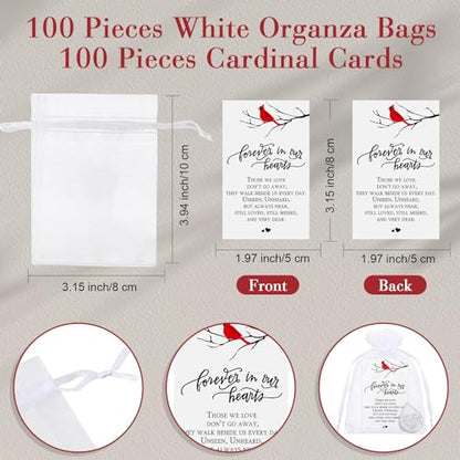 Ctosree 100 Set Funeral Gifts Celebration of Life Decorations Idea Mini Tear Shaped Memorial Ornament Pocket Token Cardinal Funeral Prayer Cards and Organza Bags Favors for Guests