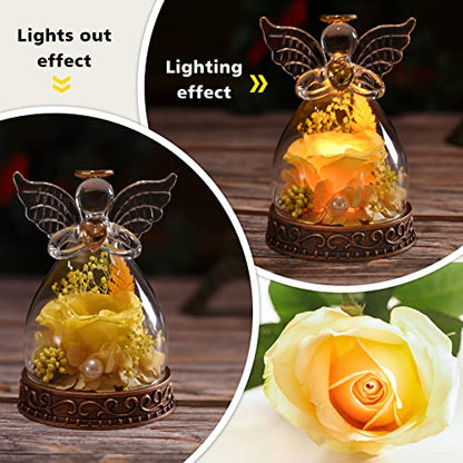 Preserved Real Rose in Glass Angel Figurine with LED Light, Angel Gifts for Women, Mom, Grandma on Mother's Day Christmas Birthday (Yellow) - color: Yellow