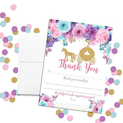 Royal Celebration Princess Carriage Theme Girls Birthday Thank You Cards, 10 Fill-In 4x5.5 Cards with White Envelopes, Gold Glitter Fairytale Party Design, Made in USA by Amanda Creation - style: Royal Celebration Gold Glitter Princess Carriage