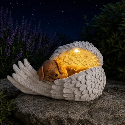 Dog Memorial Gifts Angel Sleeping Dog Memorial Statue, Solar Pet Remembrance Sculpture with Light, Outdoor Garden or Indoor Sympathy Decor for Dog Lovers, Hand-Painted Dachshund - color: Hand-painted Dachshund