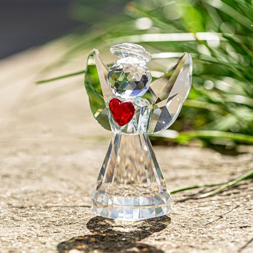3in Glass Angel Figurines Crystal Guardian Angels Statue | Art Glass Angel Heart Paperweight Ornaments, Christmas Birthday Gifts for Women Mom - style: angle-heart