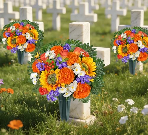 Artificial Cemetery Flowers for Grave Vase - Gravesite Flowers,Fade-Proof Headstone Decorations with Sunflower Rose Lavender Mix Bouquet